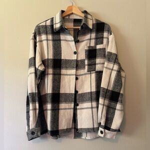 Black and White Utility Jacket with Bold Plaid Pattern